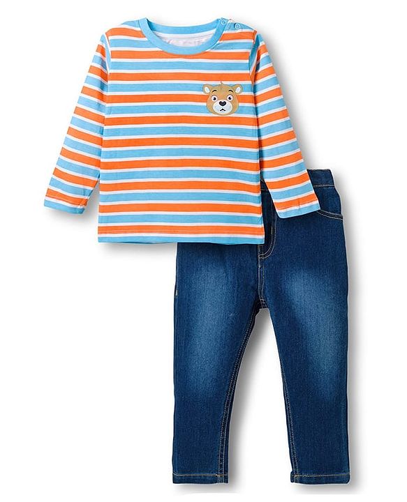 Babyhug Single Jersey Knit Full Sleeves Striped T-Shirt & Denim Jeans Set With Bear Print - Multicolor