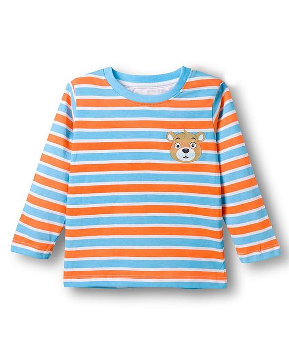 Babyhug Single Jersey Knit Full Sleeves Striped T-Shirt & Denim Jeans Set With Bear Print - Multicolor