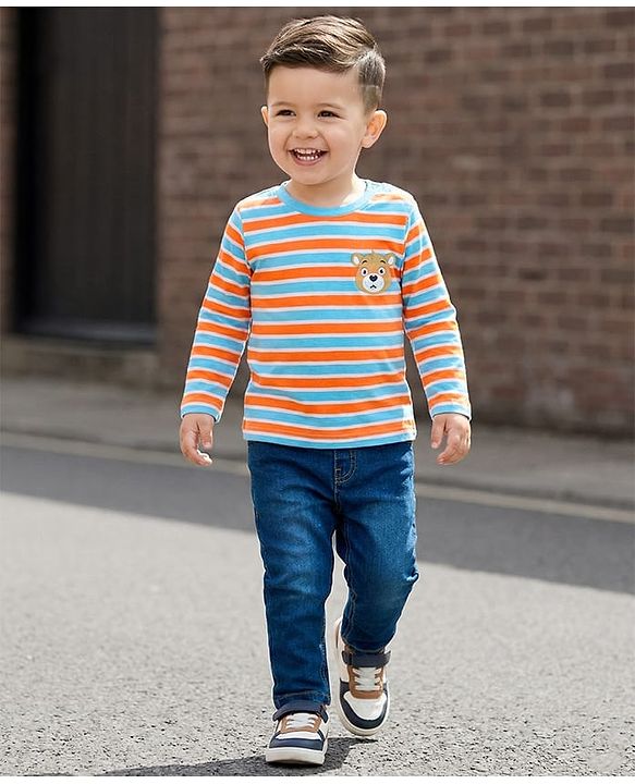 Babyhug Single Jersey Knit Full Sleeves Striped T-Shirt & Denim Jeans Set With Bear Print - Multicolor