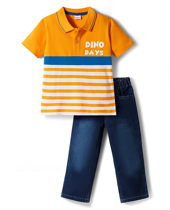 Babyhug Single Jersey Knit Half Sleeves Striped Polo T-Shirt & Jeans Set with Dino Days Print - Navy Blue