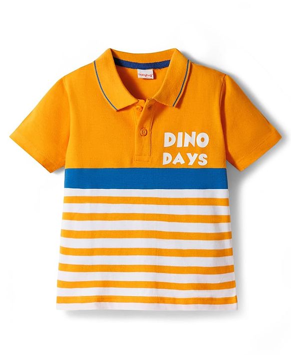 Babyhug Single Jersey Knit Half Sleeves Striped Polo T-Shirt & Jeans Set with Dino Days Print - Navy Blue