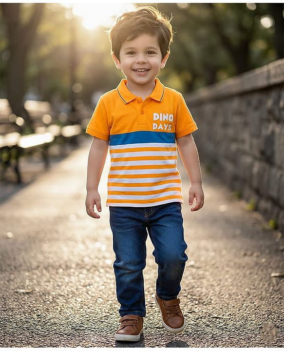 Babyhug Single Jersey Knit Half Sleeves Striped Polo T-Shirt & Jeans Set with Dino Days Print - Navy Blue