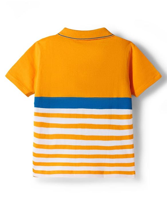 Babyhug Single Jersey Knit Half Sleeves Striped Polo T-Shirt & Jeans Set with Dino Days Print - Navy Blue