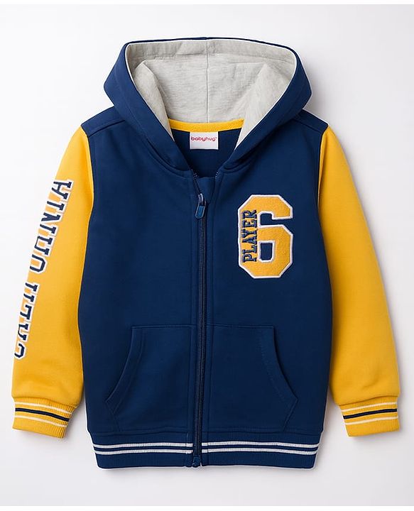 Babyhug Terry Knit Full Sleeves Hooded T-Shirt & Lounge Pant Set with Patch Detailing - Navy Blue