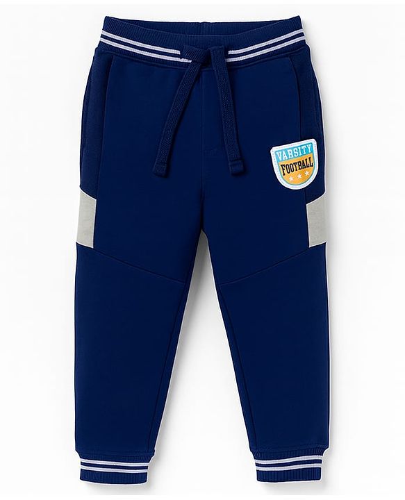 Babyhug Terry Knit Full Sleeves Hooded T-Shirt & Lounge Pant Set with Patch Detailing - Navy Blue