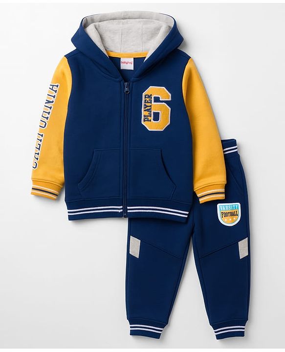 Babyhug Terry Knit Full Sleeves Hooded T-Shirt & Lounge Pant Set with Patch Detailing - Navy Blue
