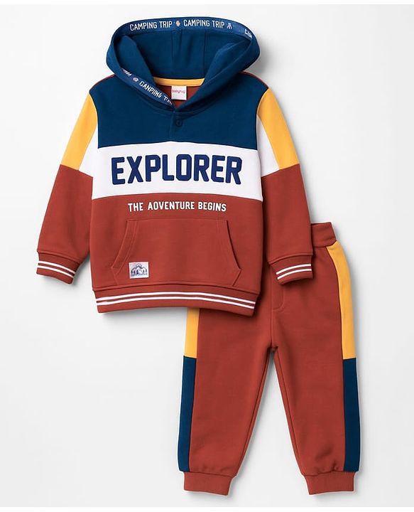 Babyhug Terry Knit Full Sleeves Hooded Cut & Sew T-Shirt & Lounge Pant Set with Text Print - Multicolor