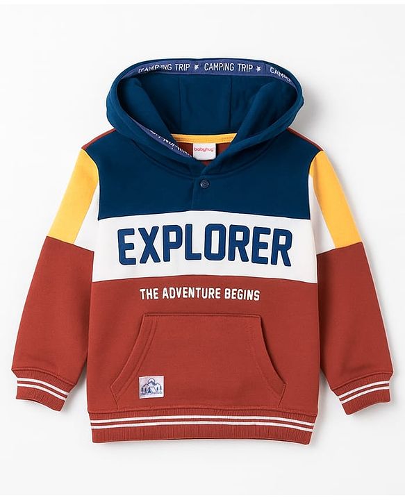 Babyhug Terry Knit Full Sleeves Hooded Cut & Sew T-Shirt & Lounge Pant Set with Text Print - Multicolor