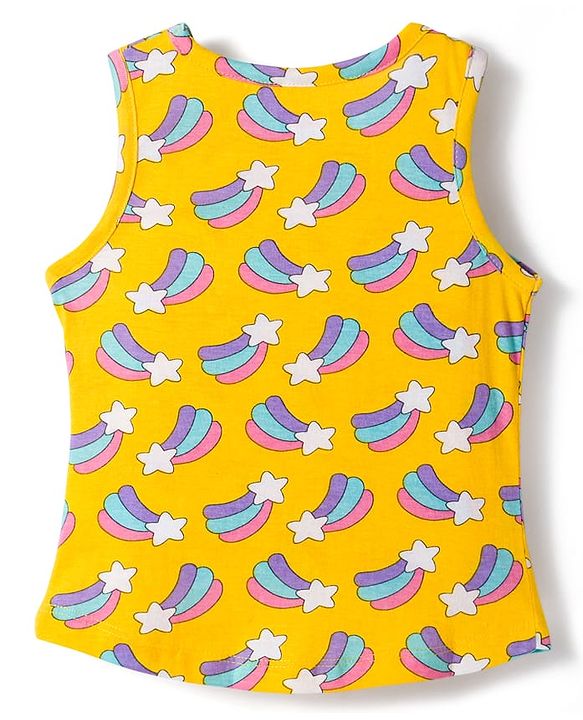 Babyhug 100% Cotton Knit Sleeveless Sando & Shorts Set with Rainbow Print - Yellow & Lavender