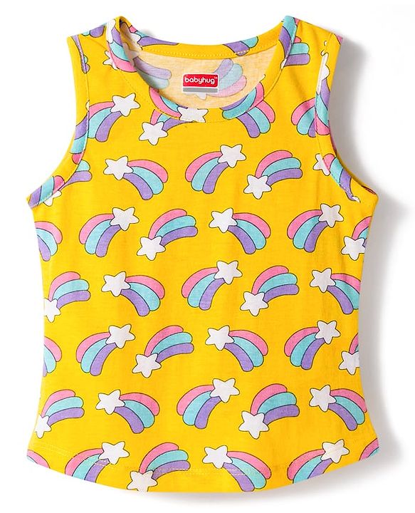 Babyhug 100% Cotton Knit Sleeveless Sando & Shorts Set with Rainbow Print - Yellow & Lavender