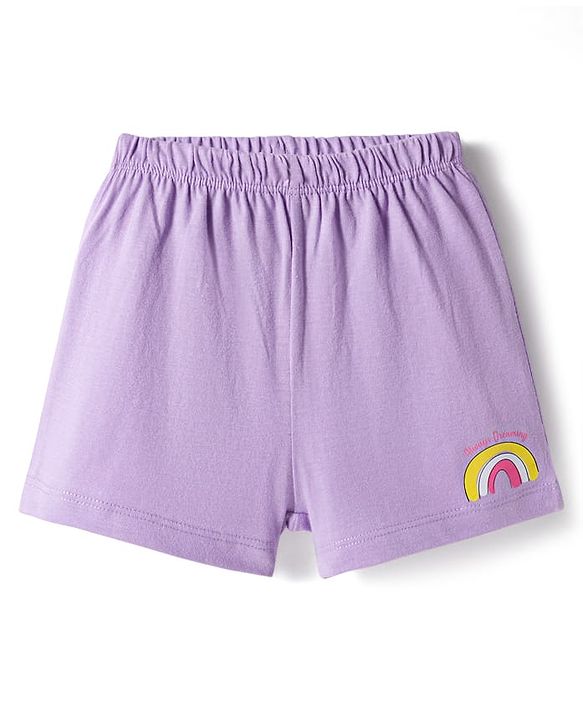 Babyhug 100% Cotton Knit Sleeveless Sando & Shorts Set with Rainbow Print - Yellow & Lavender