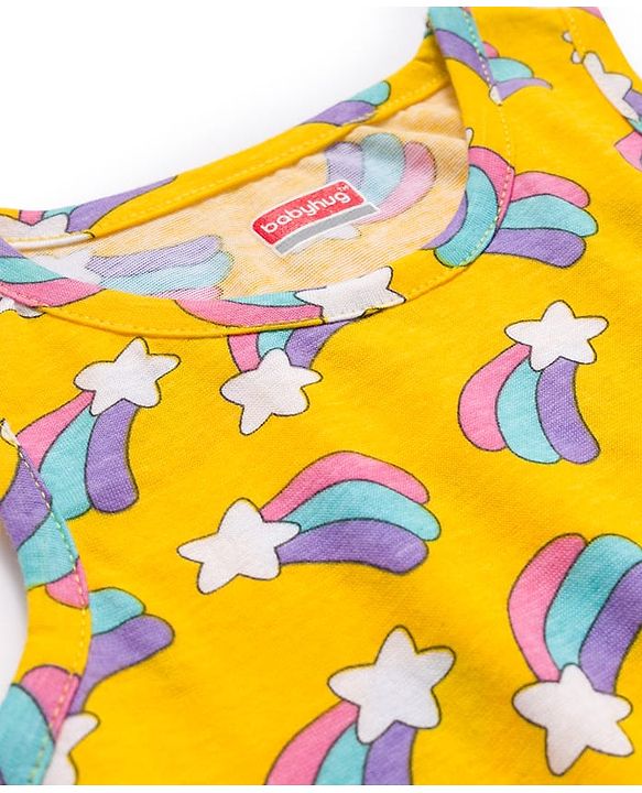 Babyhug 100% Cotton Knit Sleeveless Sando & Shorts Set with Rainbow Print - Yellow & Lavender