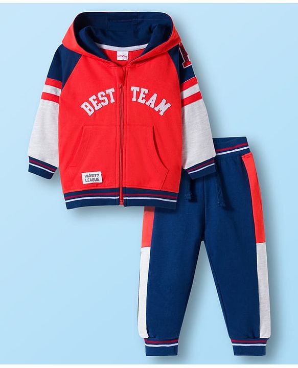 Babyhug Terry Knit Full Raglan Sleeves Hooded Cut & Sew T-Shirt & Lounge Pant Set with Text Patch Detailing - Multicolor
