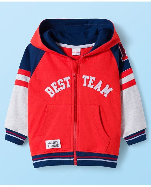 Babyhug Terry Knit Full Raglan Sleeves Hooded Cut & Sew T-Shirt & Lounge Pant Set with Text Patch Detailing - Multicolor