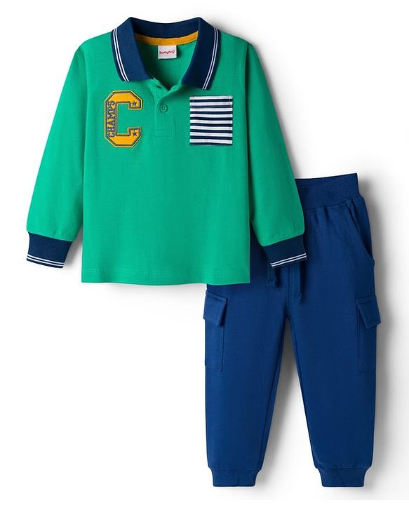 Babyhug Single Jersey Knit Full Sleeves T-Shirt & Lounge Pant Set Alphabet Patch & Striped Front Pocket - Green & Navy Blue