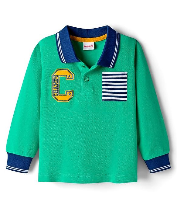 Babyhug Single Jersey Knit Full Sleeves T-Shirt & Lounge Pant Set Alphabet Patch & Striped Front Pocket - Green & Navy Blue