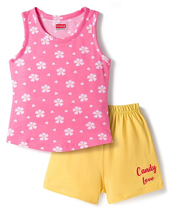 Babyhug 100% Cotton Knit Sleeveless Sando & Shorts Set with Rainbow Print - Yellow & Pink