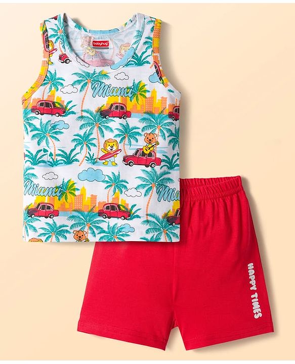Babyhug 100% Cotton Knit Sleeveless Sando & Shorts Set with Beach Theme Print - White & Red