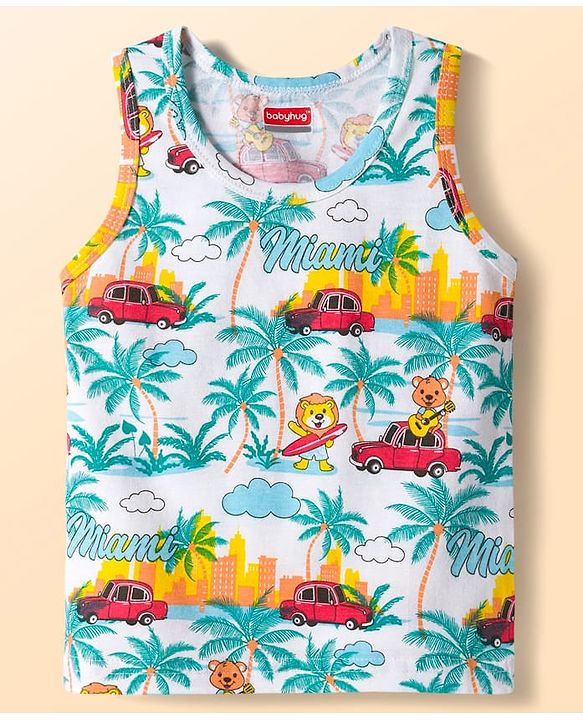 Babyhug 100% Cotton Knit Sleeveless Sando & Shorts Set with Beach Theme Print - White & Red
