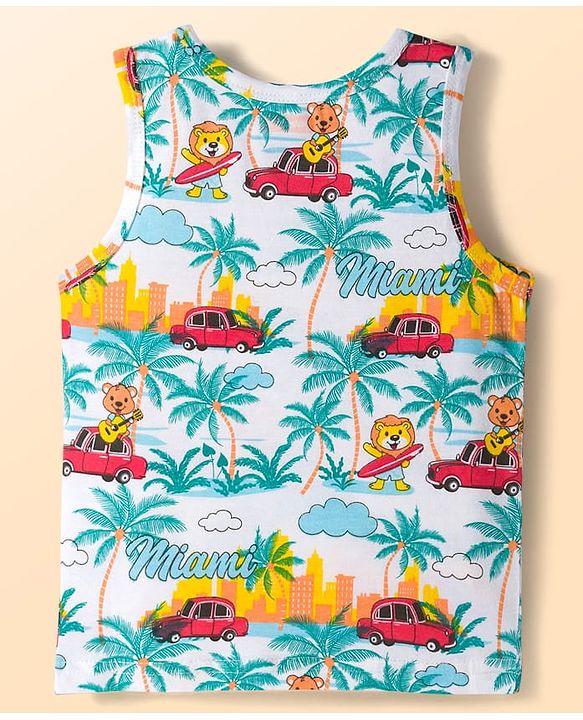 Babyhug 100% Cotton Knit Sleeveless Sando & Shorts Set with Beach Theme Print - White & Red