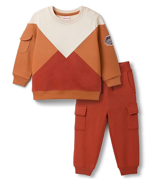 Babyhug Terry Knit Full Sleeves Cut & Sew T-Shirt & Lounge Pant Set with Patch Detailing - Multicolor