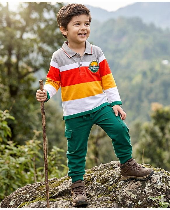 Babyhug Single Jersey Knit Full Sleeves Striped Polo T-Shirt & Lounge Pant Set With Adventure Time Print - Multicolor