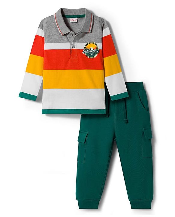 Babyhug Single Jersey Knit Full Sleeves Striped Polo T-Shirt & Lounge Pant Set With Adventure Time Print - Multicolor