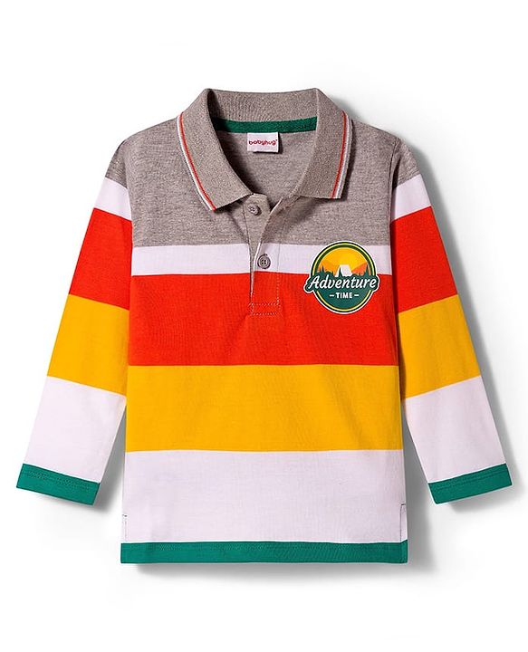 Babyhug Single Jersey Knit Full Sleeves Striped Polo T-Shirt & Lounge Pant Set With Adventure Time Print - Multicolor