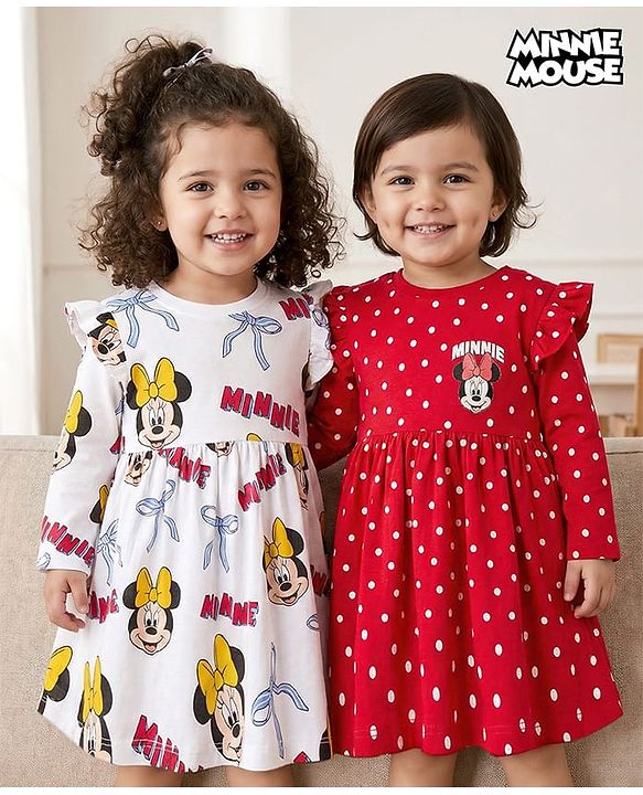 Babyhug Disney Single Jersey Knit Full Frill Sleeves Frock with Minnie Mouse Graphic Pack of 2 - Red & White