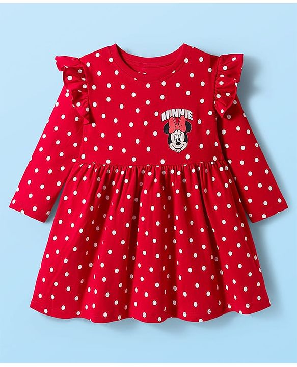 Babyhug Disney Single Jersey Knit Full Frill Sleeves Frock with Minnie Mouse Graphic Pack of 2 - Red & White