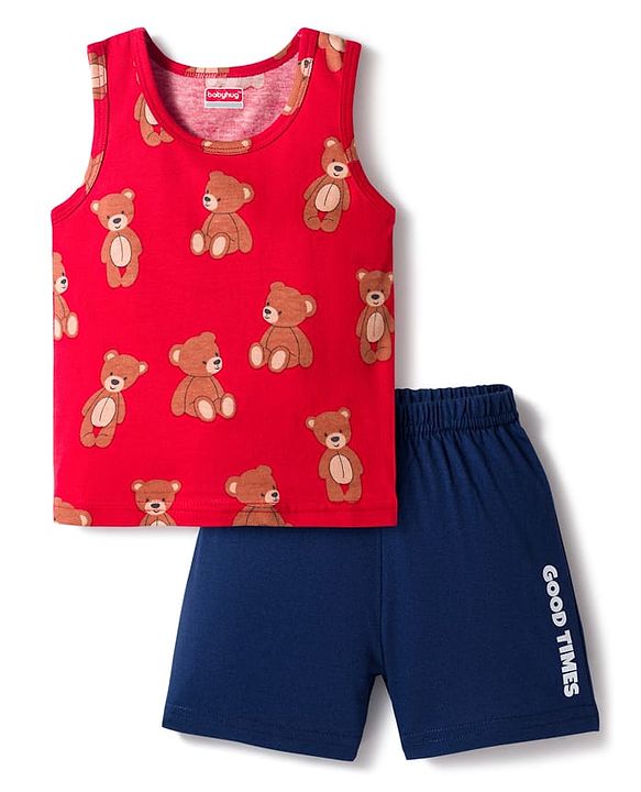 Babyhug 100% Cotton Knit Sleeveless Sando & Shorts Set with Bear Print - Red & Navy Blue