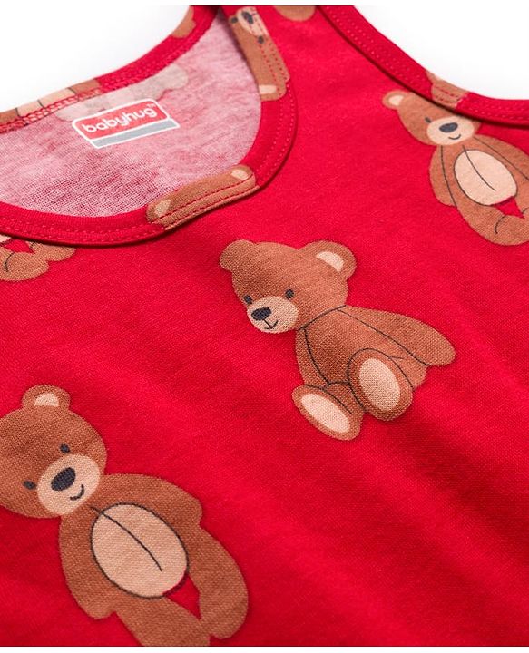 Babyhug 100% Cotton Knit Sleeveless Sando & Shorts Set with Bear Print - Red & Navy Blue