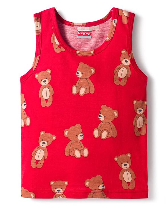 Babyhug 100% Cotton Knit Sleeveless Sando & Shorts Set with Bear Print - Red & Navy Blue