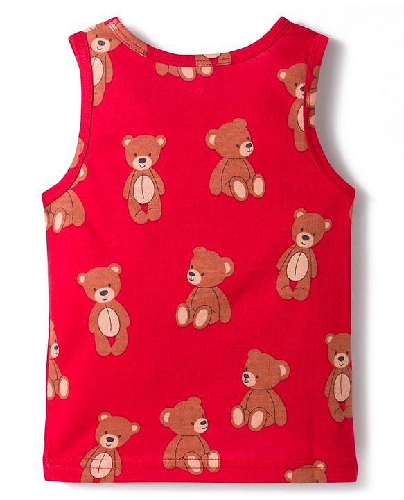 Babyhug 100% Cotton Knit Sleeveless Sando & Shorts Set with Bear Print - Red & Navy Blue