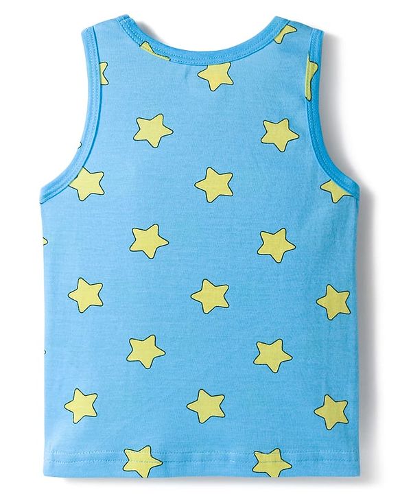 Babyhug 100% Cotton Knit Sleeveless Sando & Shorts Set with Star Print - Yellow & Light Blue