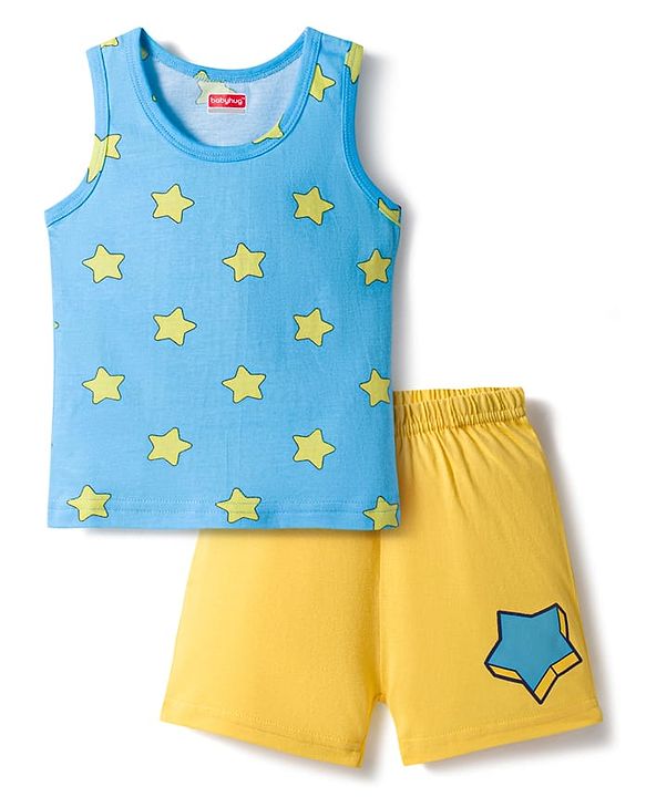 Babyhug 100% Cotton Knit Sleeveless Sando & Shorts Set with Star Print - Yellow & Light Blue