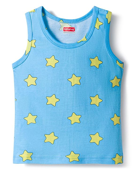 Babyhug 100% Cotton Knit Sleeveless Sando & Shorts Set with Star Print - Yellow & Light Blue