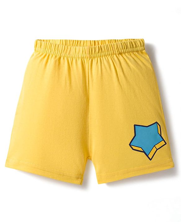 Babyhug 100% Cotton Knit Sleeveless Sando & Shorts Set with Star Print - Yellow & Light Blue