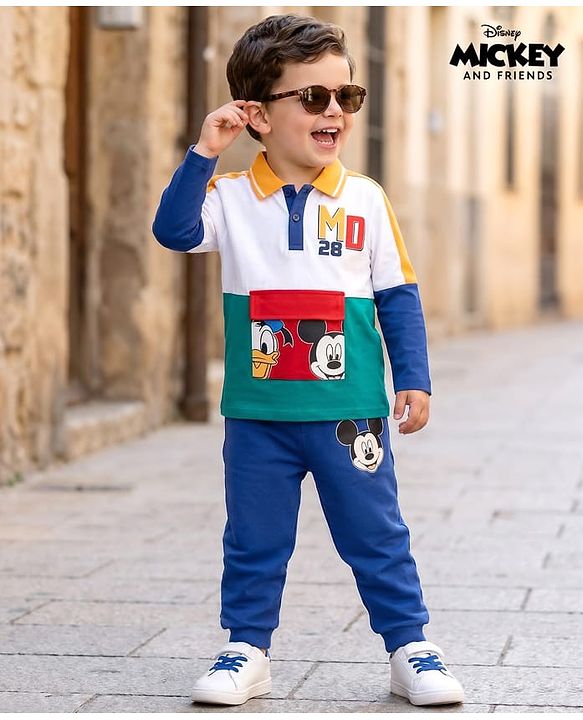 Babyhug Disney Single Jersey Knit Full Sleeves Cut & Sew Polo T-Shirt & Lounge Pant Set with Mickey & Friends Graphic - Blue