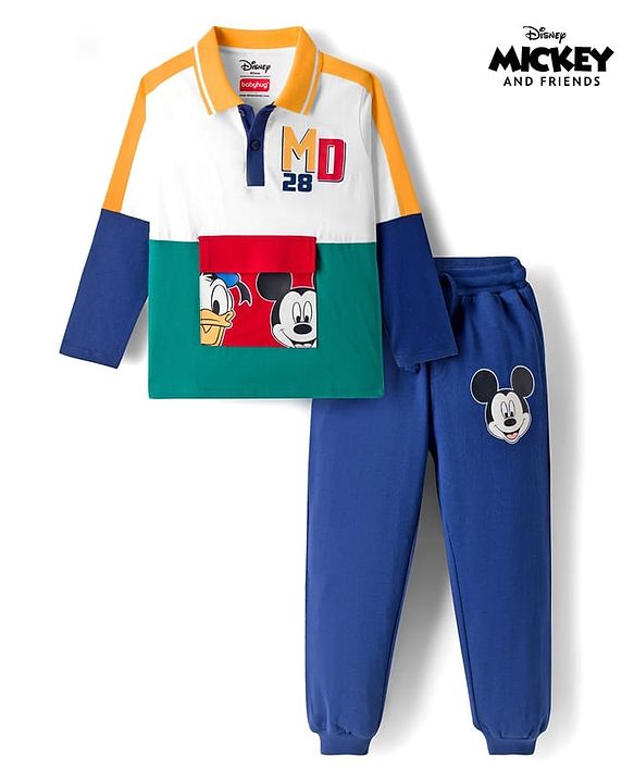 Babyhug Disney Single Jersey Knit Full Sleeves Cut & Sew Polo T-Shirt & Lounge Pant Set with Mickey & Friends Graphic - Blue