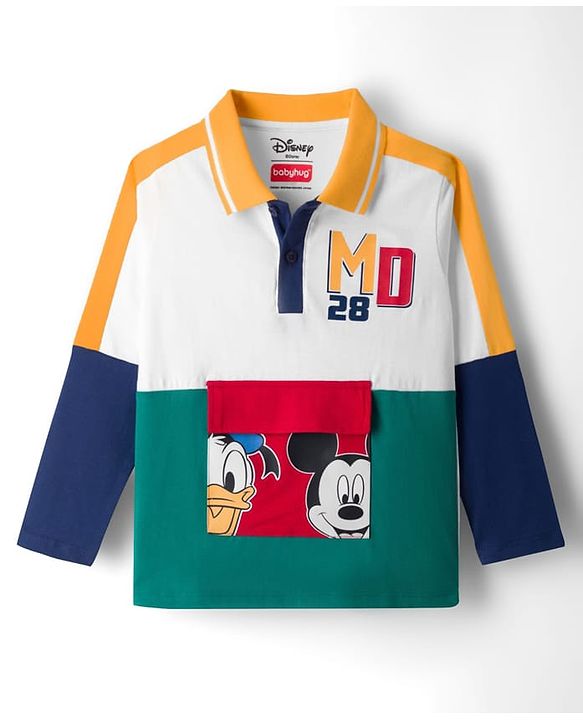 Babyhug Disney Single Jersey Knit Full Sleeves Cut & Sew Polo T-Shirt & Lounge Pant Set with Mickey & Friends Graphic - Blue