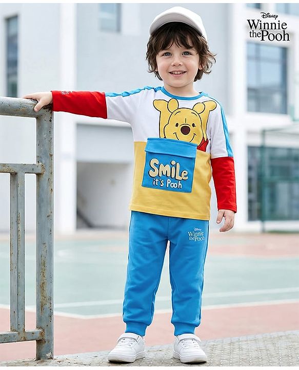 Babyhug Disney Terry Knit Full Sleeves Cut & Sew T-Shirt & Lounge Pant Set with Winnie Graphic & Pocket - Blue