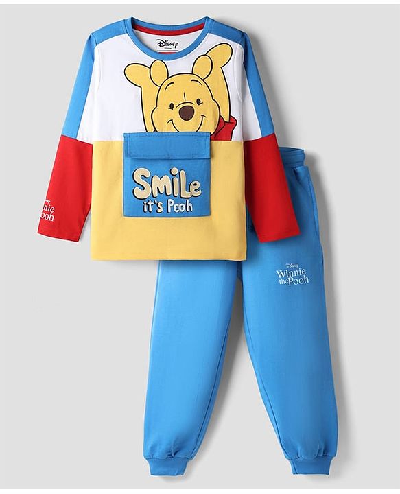Babyhug Disney Terry Knit Full Sleeves Cut & Sew T-Shirt & Lounge Pant Set with Winnie Graphic & Pocket - Blue