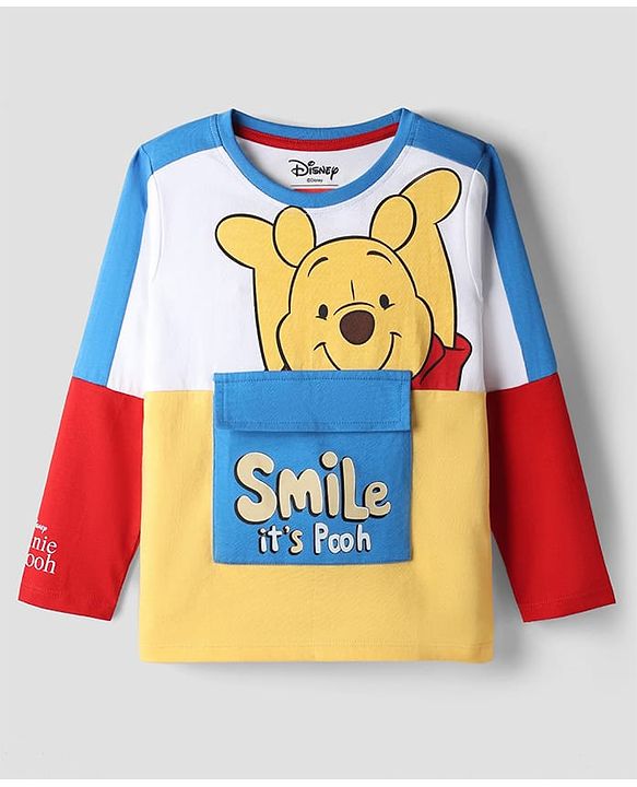 Babyhug Disney Terry Knit Full Sleeves Cut & Sew T-Shirt & Lounge Pant Set with Winnie Graphic & Pocket - Blue