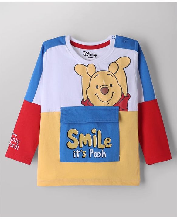 Babyhug Disney Terry Knit Full Sleeves Cut & Sew T-Shirt & Lounge Pant Set with Winnie Graphic & Pocket - Blue