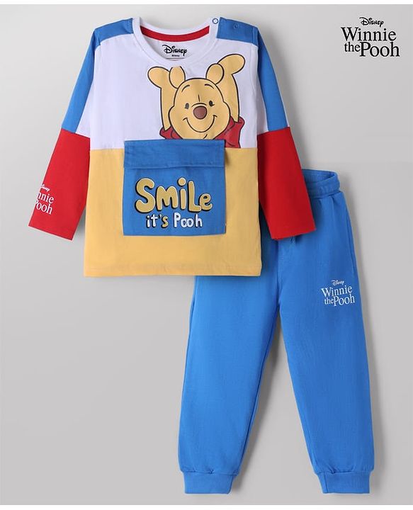 Babyhug Disney Terry Knit Full Sleeves Cut & Sew T-Shirt & Lounge Pant Set with Winnie Graphic & Pocket - Blue