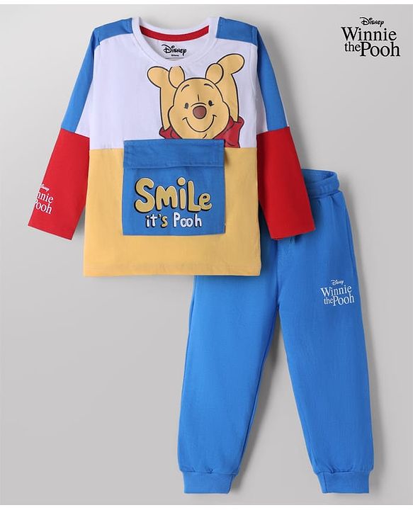 Babyhug Disney Terry Knit Full Sleeves Cut & Sew T-Shirt & Lounge Pant Set with Winnie Graphic & Pocket - Blue