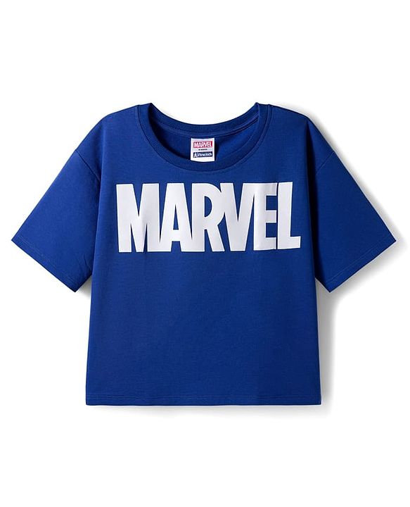 Pine Kids Marvel Terry Knit Oversized Drop Shoulder Half Sleeves T-Shirt with Avengers Graphic - Blue