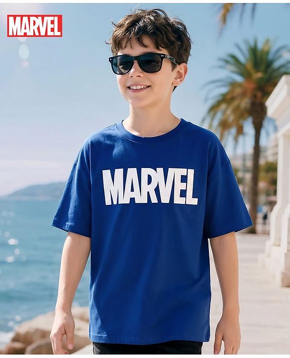 Pine Kids Marvel Terry Knit Oversized Drop Shoulder Half Sleeves T-Shirt with Avengers Graphic - Blue