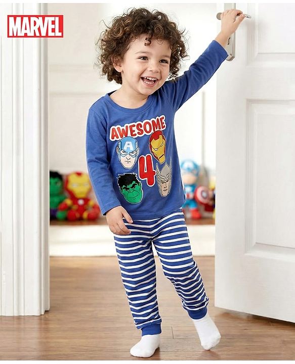 Babyhug Marvel Single Jersey Knit Full Sleeves Night Suit With Marvel Character Print - Navy Blue